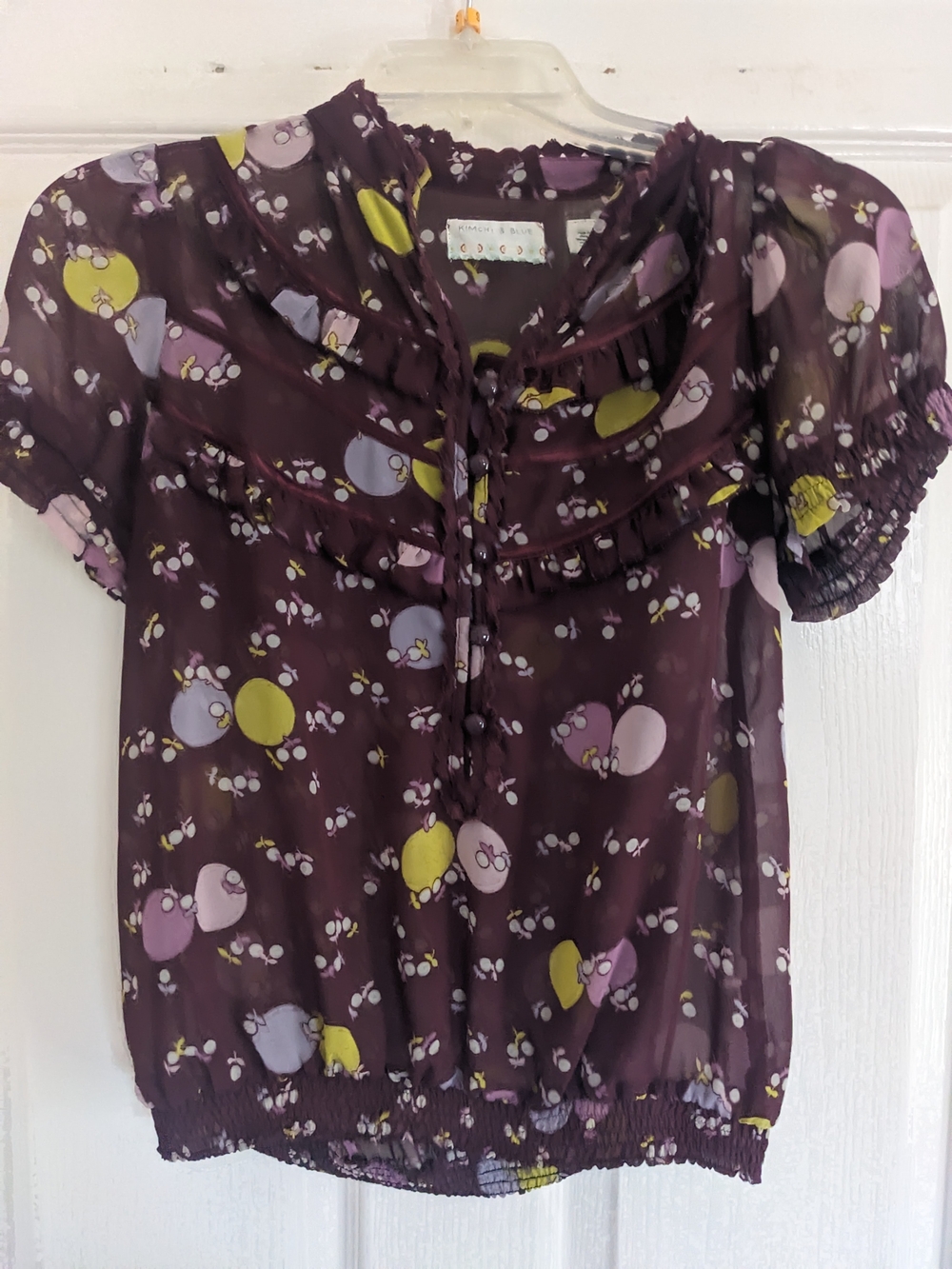 Kimchi Blue Plum Short-Sleeve Ruffle Yoke Blouse with Pastel Floral Dots